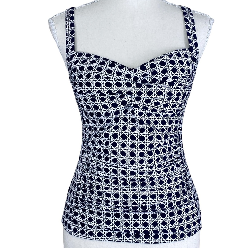 Bond-Eye Australia Navy And White Trellis Pattern Ruched Tankini Top Size 6
